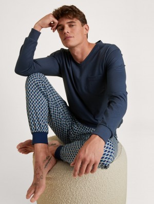 Calida Relax Imprint 3 Pyjama With Cuff Sovkläder Herr Blå | TEGN72405