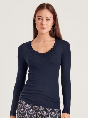 Calida Richesse Lace Shirt Long Sleeve Underkläder Dam Blå | RVKQ13694