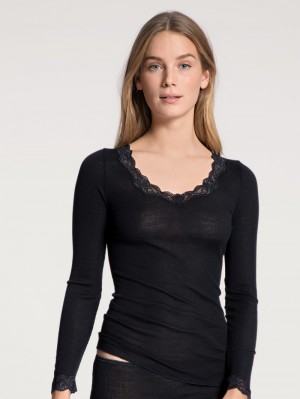 Calida Richesse Lace Shirt Long Sleeve Underkläder Dam Ws Schwarz | FGKU68459