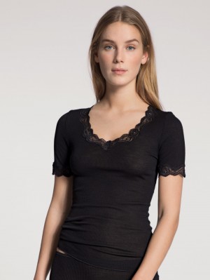 Calida Richesse Lace Shirt Short Sleeve Loungewear Dam Ws Schwarz | YWSD36579